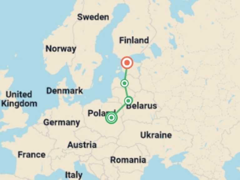 Map itinerary of Vilnius Tour in August 2026 with 5 destination visits for the trip: Warsaw and the Baltic States