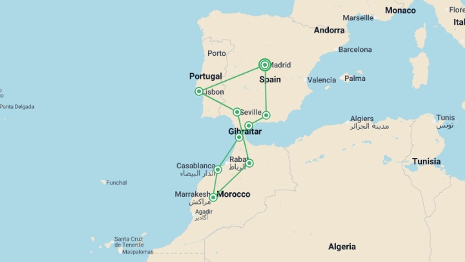 A map showing the tour itinerary for the trip: Treasures of Spain, Portugal & Morocco, starting in Madrid, Spain and ending in Madrid, Spain going through 8 other destinations.