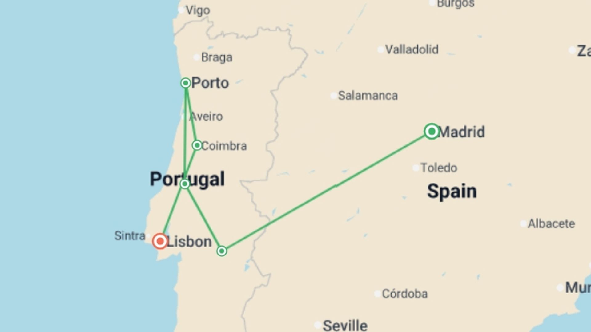 A map showing the tour itinerary for the trip: Northern and Southern Portugal end Lisbon, starting in Madrid, Spain and ending in Lisbon, Portugal going through 4 other destinations.