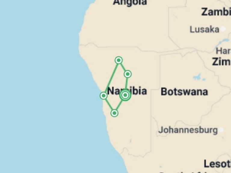 Map of a Self-drive or vehicle rental Tour with 5 destination visits for the trip: Discover Namibia Self Drive - 9 days