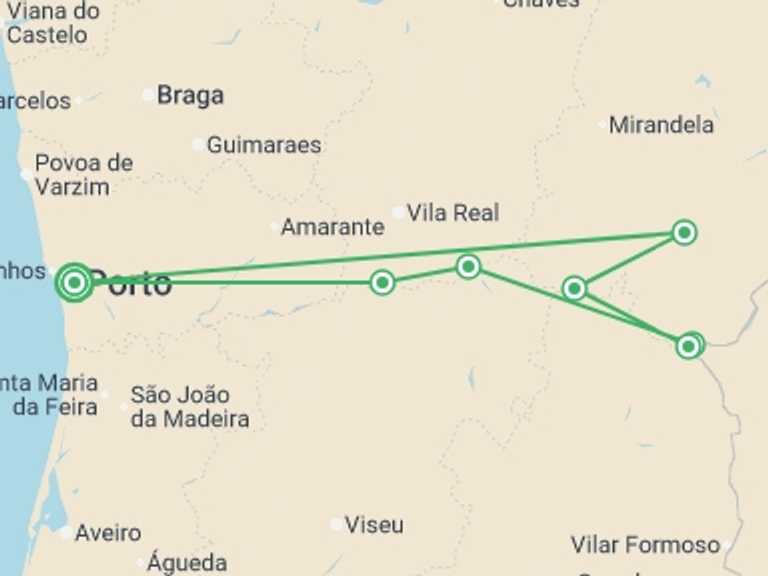 Map itinerary of Europe Tour in April 2027 with 5 destination visits for the trip: Porto, the Douro valley (Portugal) and Salamanca (Spain)  (port-to-port cruise)