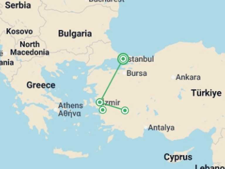 Map of 4-Day Istanbul Tour with 2 destination visits for the trip: Istanbul, Ephesus & Pamukkale - 4 days  