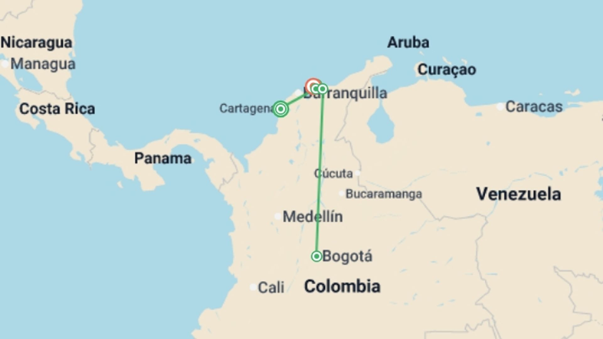 A map showing the tour itinerary for the trip: Colombia's Caribbean Coast & Lost City, starting in Cartagena, Colombia and ending in Santa Marta, Colombia going through 6 other destinations.