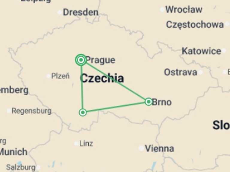 Map itinerary of Europe Tour in June 2026 with 3 destination visits for the trip: Bohemia and Moravia