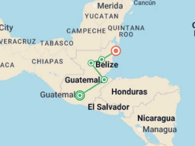 Map itinerary of Caye Caulker Tour in November 2025 with 7 destination visits for the trip: Guatemala to Belize