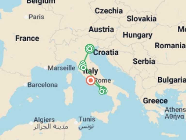Map of Mediterranean Tour with 4 destination visits for the trip: Best of Italy by Train  - 11 days