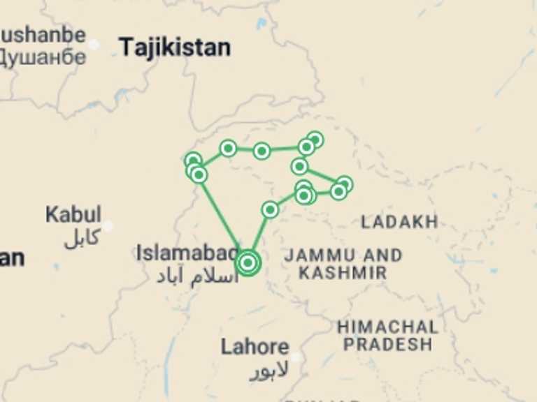 Map of Asia Tour with 15 destination visits for the trip: Karakorum Highway & Chitral Valley