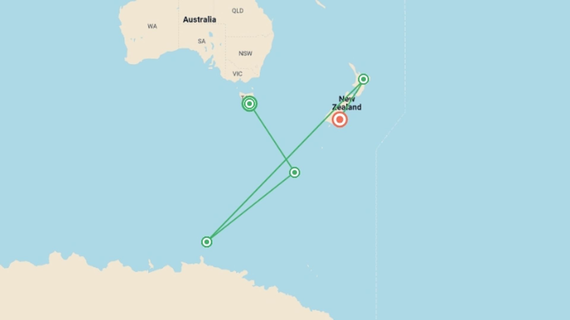 A map showing the tour itinerary for the trip: Ross Sea Odyssey - M/V Greg Mortimer, starting in Hobart, Australia and ending in Dunedin, New Zealand going through 3 other destinations.