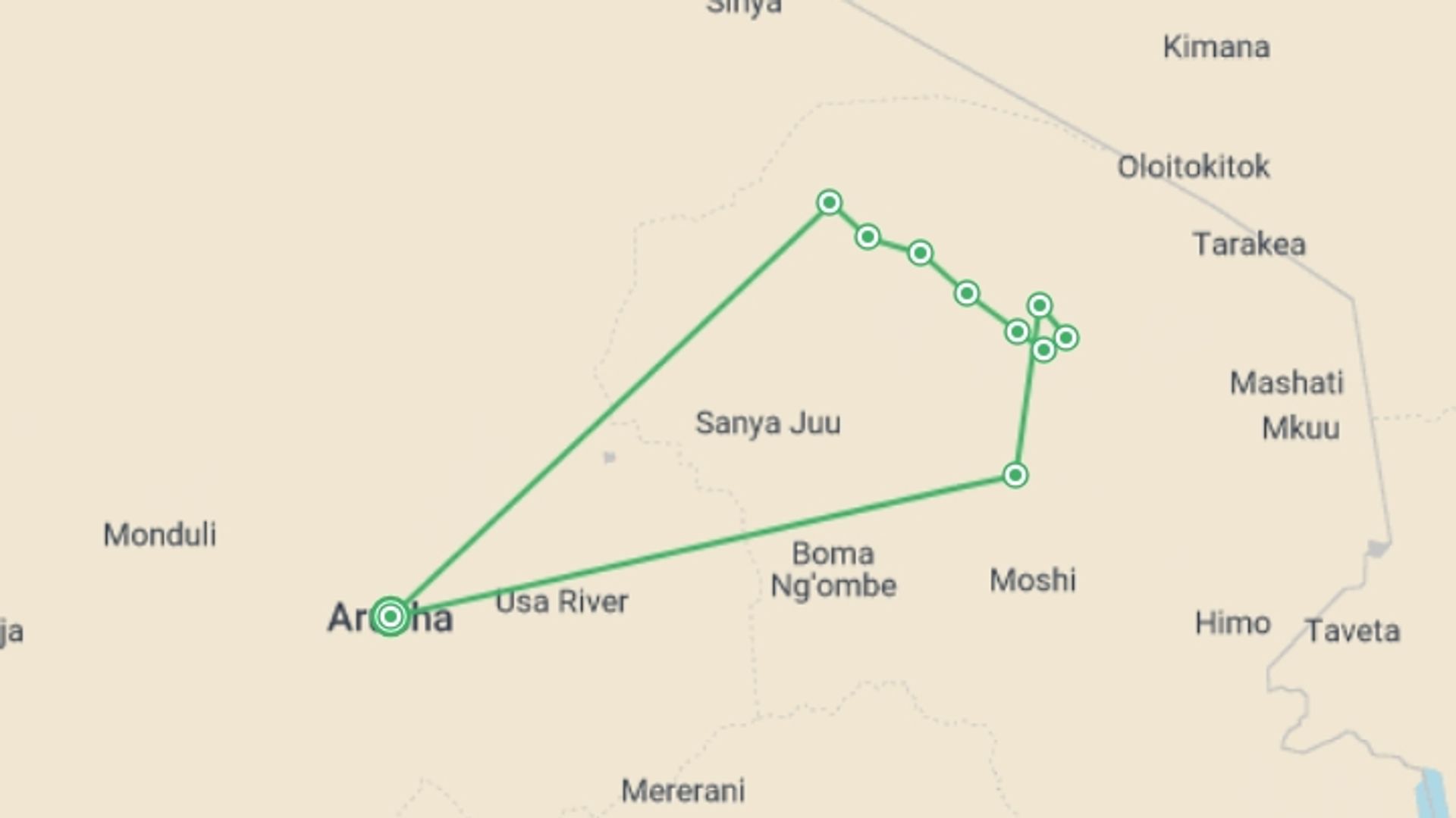 A map showing the tour itinerary for the trip: Mount Kili Climb via Lemosho Route (Small Group Tour) , starting in Arusha, Tanzania and ending in Arusha, Tanzania going through 9 other destinations.