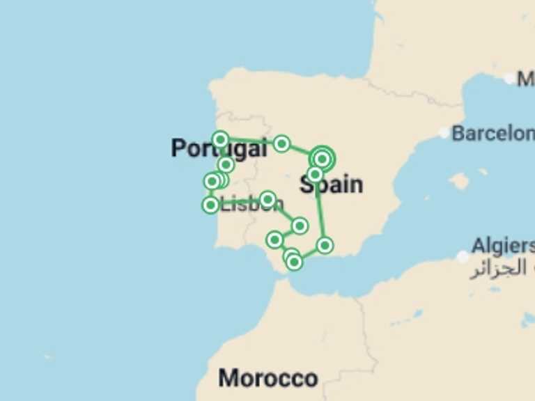 Map itinerary of Lisbon Tour in February 2027 with 8 destination visits for the trip: Portugal & Andalusia Explorer Superior - 14 days