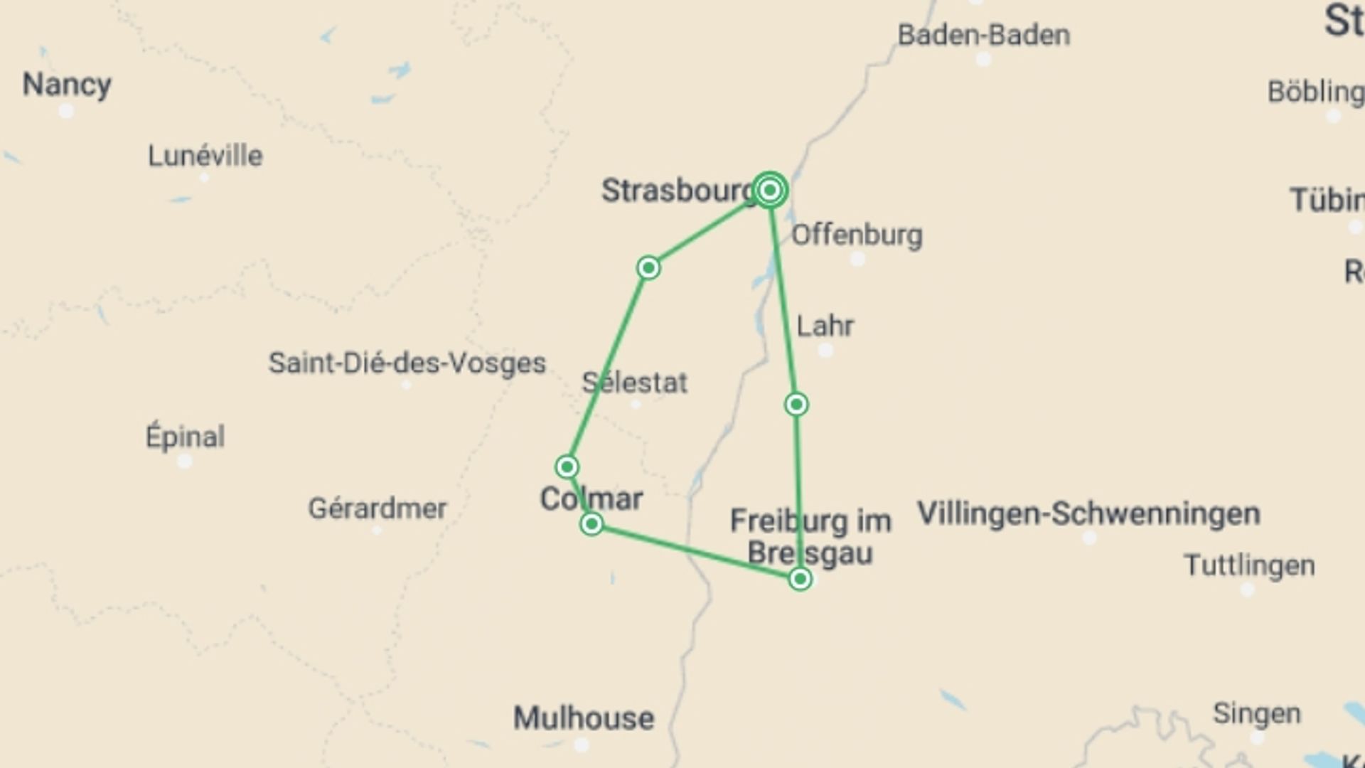 A map showing the tour itinerary for the trip: Rhine Valley Cycle, starting in Strasbourg, France and ending in Strasbourg, France going through 5 other destinations.