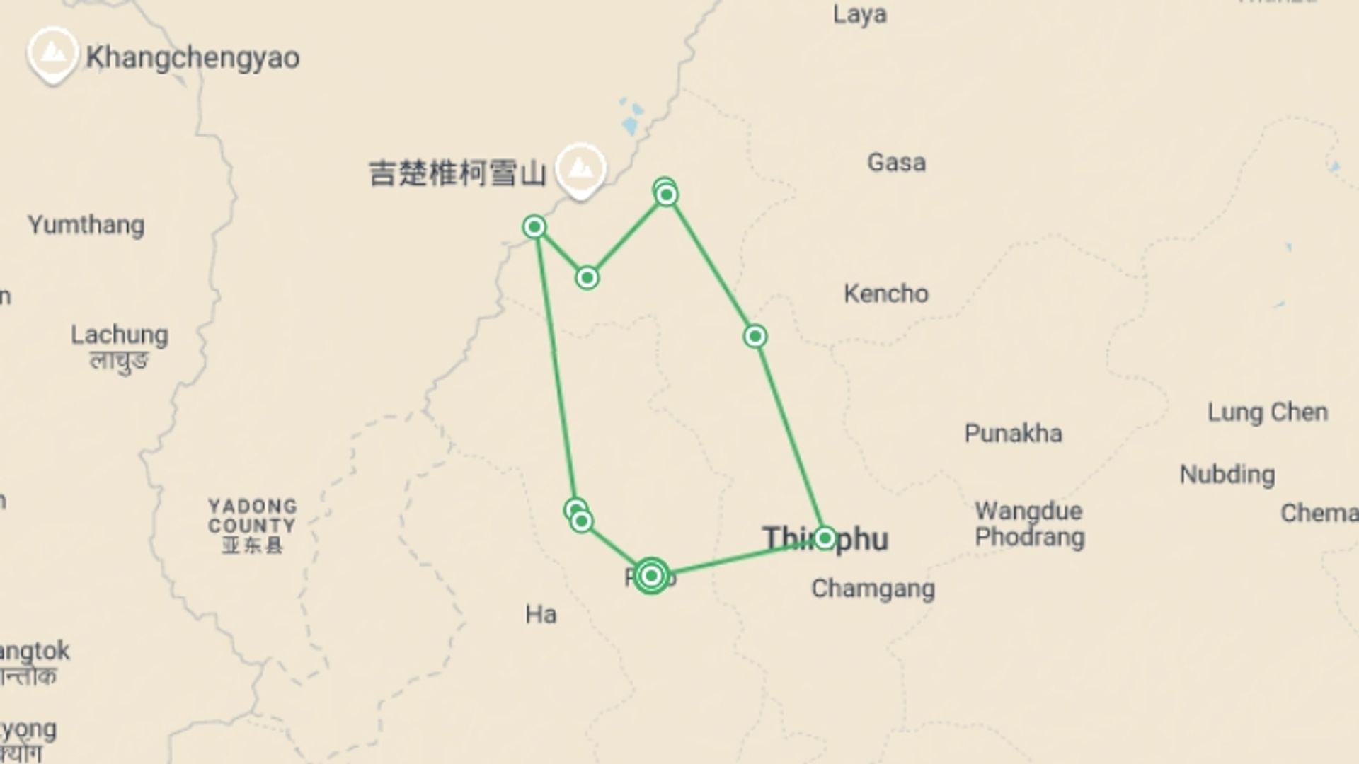 A map showing the tour itinerary for the trip: Jomolhari Base Camp Trek, starting in Paro, Bhutan and ending in Paro, Bhutan going through 8 other destinations.