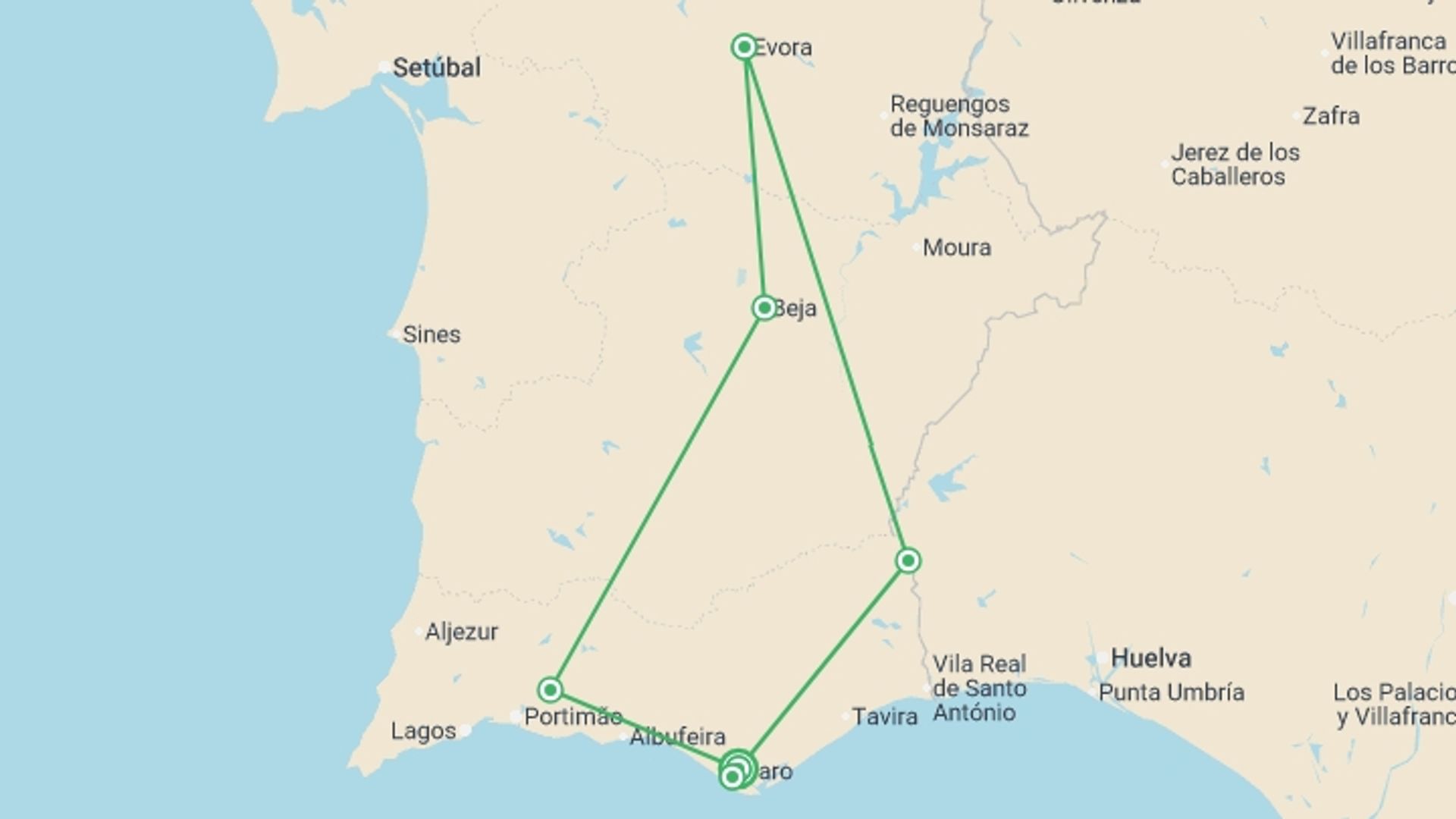 A map showing the tour itinerary for the trip: Hidden Secrets Of Algarve & Alentejo, Self-drive, starting in Faro, Portugal and ending in Faro, Portugal going through 4 other destinations.
