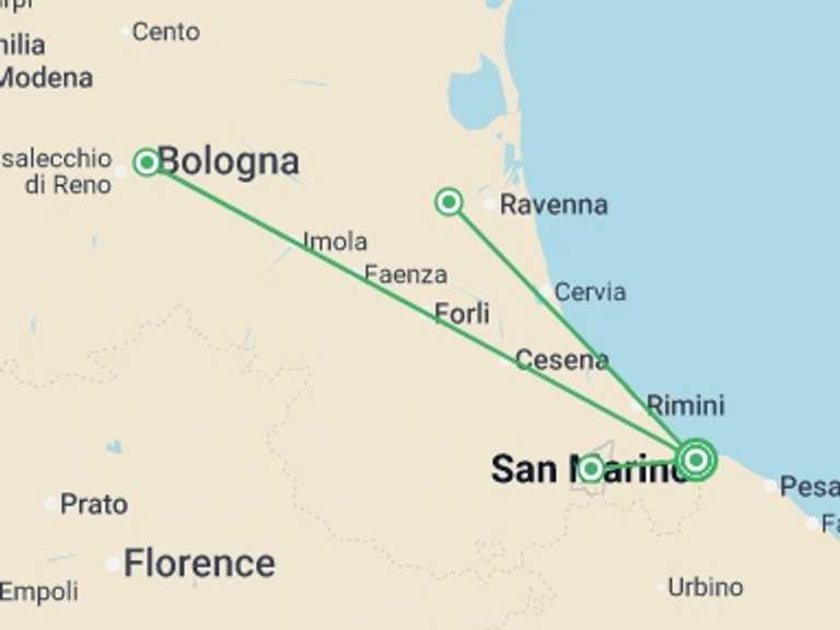 Map itinerary of Italy Tour in June 2026 with 2 destination visits for the trip: Italy's Adriatic Coast - 8 days