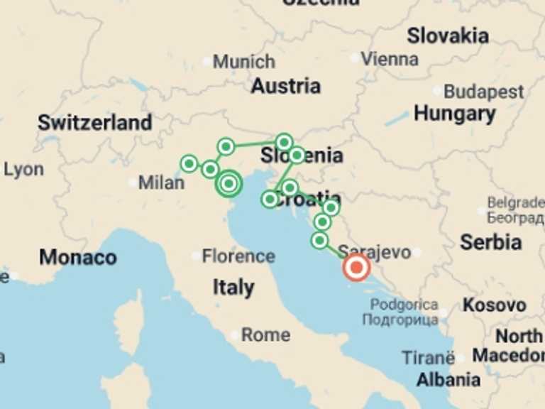 Map of 10-Day Venice Tour with 7 destination visits for the trip: Adriatic Discovery: Northern Italy, Slovenia and Croatia