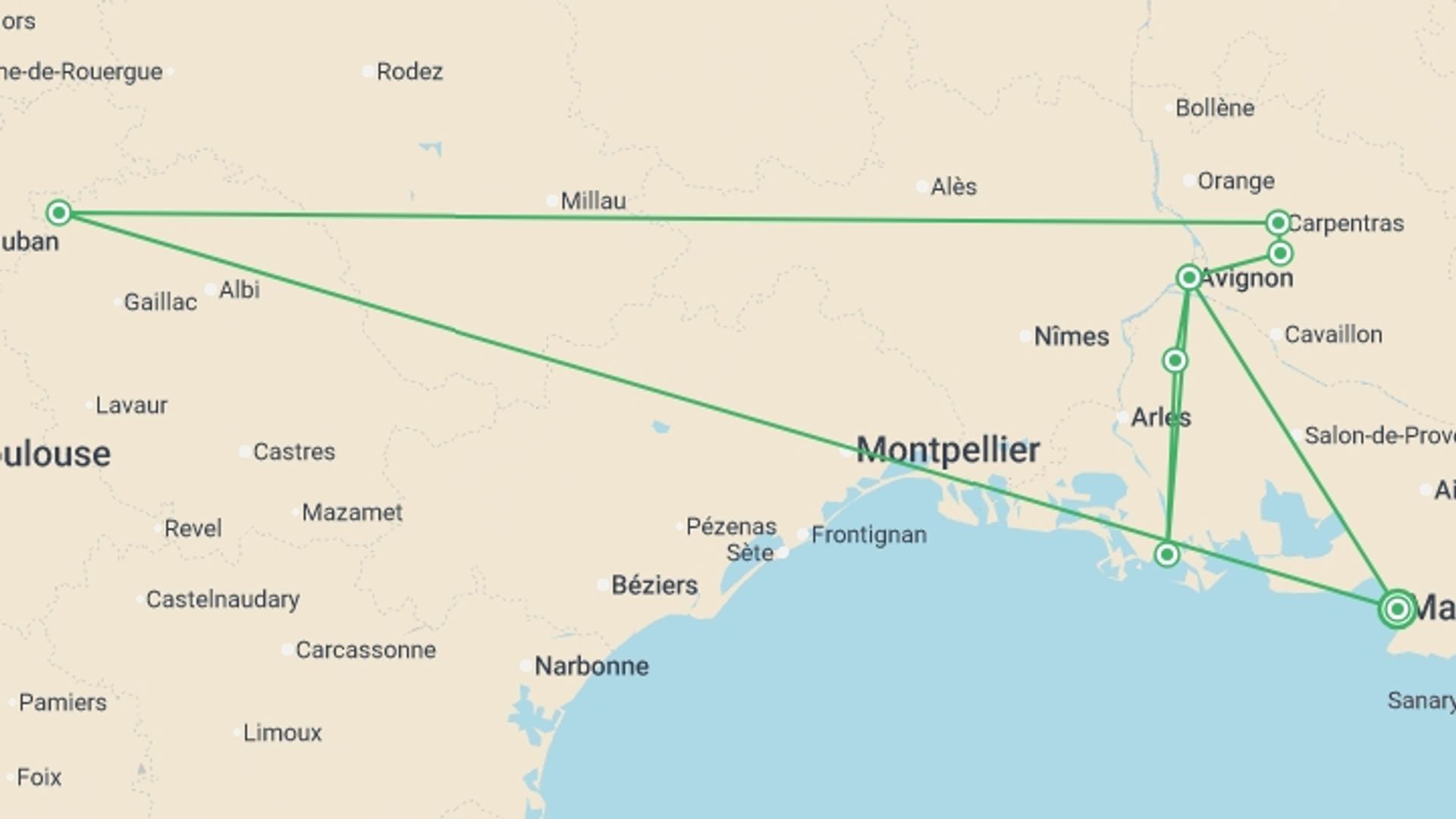 A map showing the tour itinerary for the trip: Cycle Provence, starting in Marseille, France and ending in Marseille, France going through 7 other destinations.