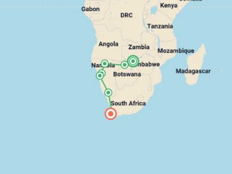 Map of a Overland Journeys Tour with 10 destination visits for the trip: Victoria Falls To Cape Town (22 Days)