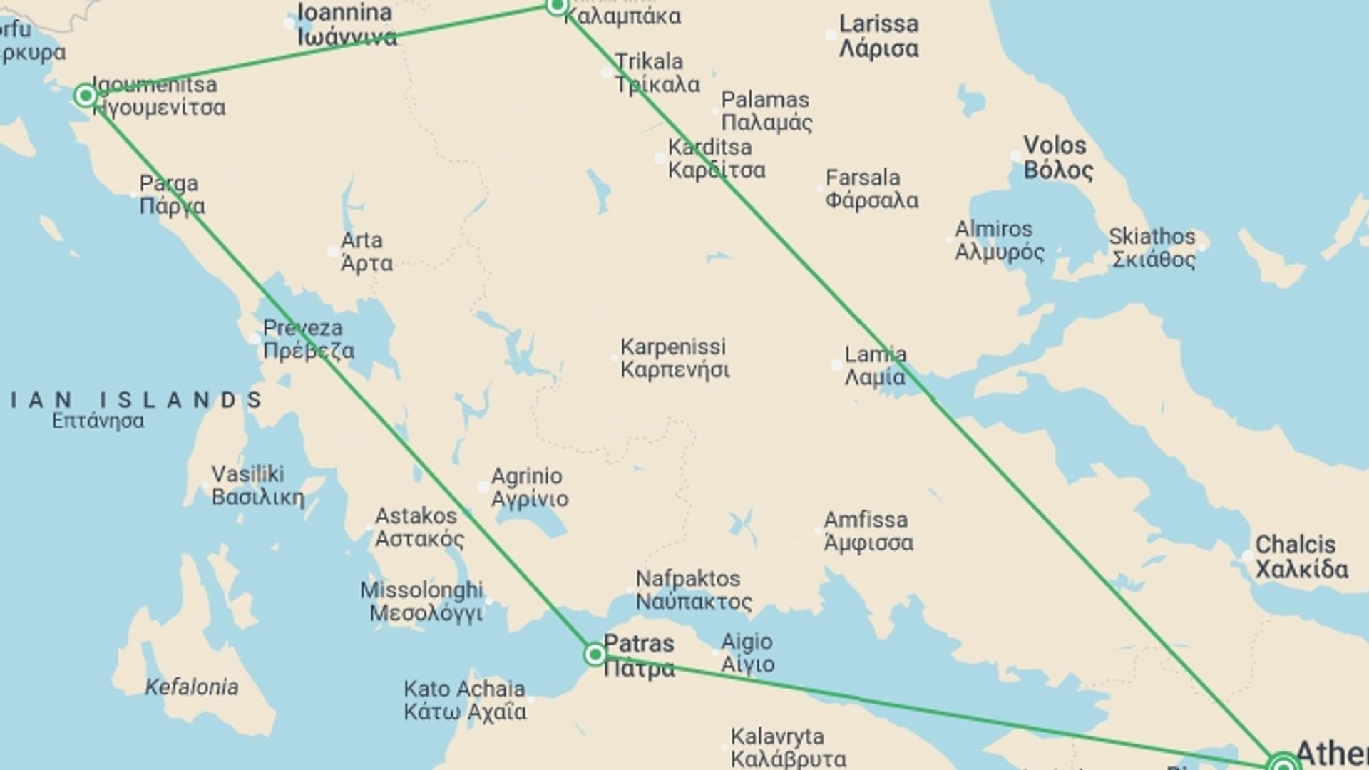 A map showing the tour itinerary for the trip: Peloponnese and Meteoras, starting in Athens, Greece and ending in Athens, Greece going through 3 other destinations.