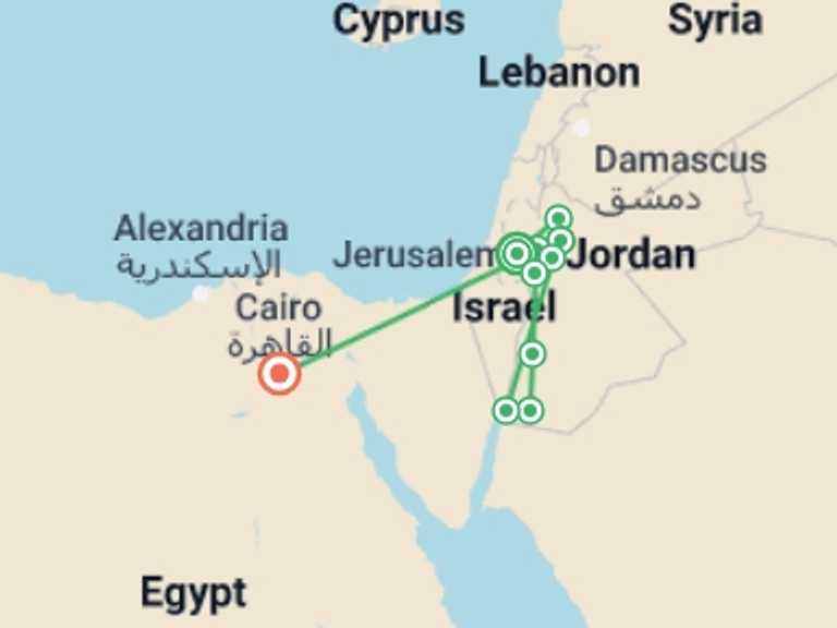 Map itinerary of Aqaba Tour in February 2026 with 7 destination visits for the trip: Jerusalem, unforgettable Jordan and Cairo