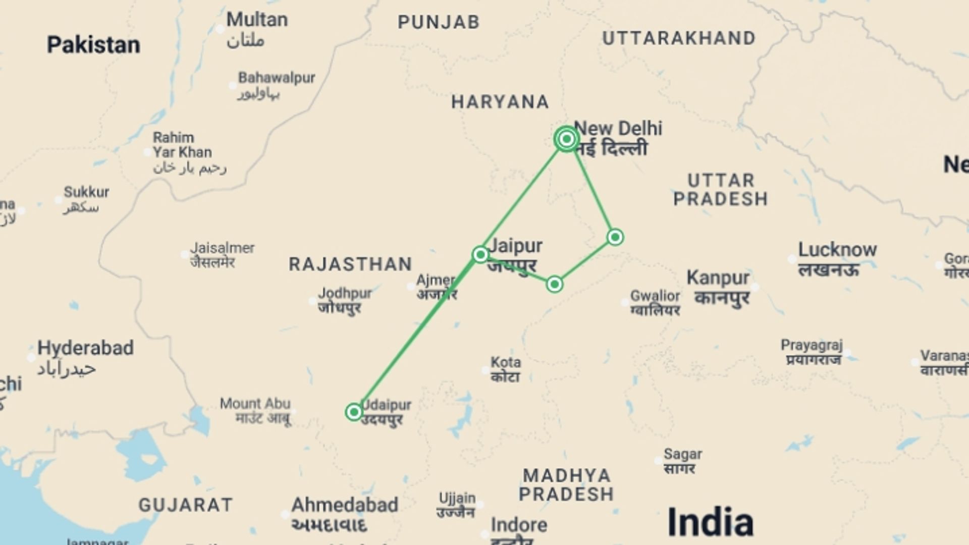 A map showing the tour itinerary for the trip: Passage to India - 10 days, starting in New Delhi, India and ending in New Delhi, India going through 4 other destinations.