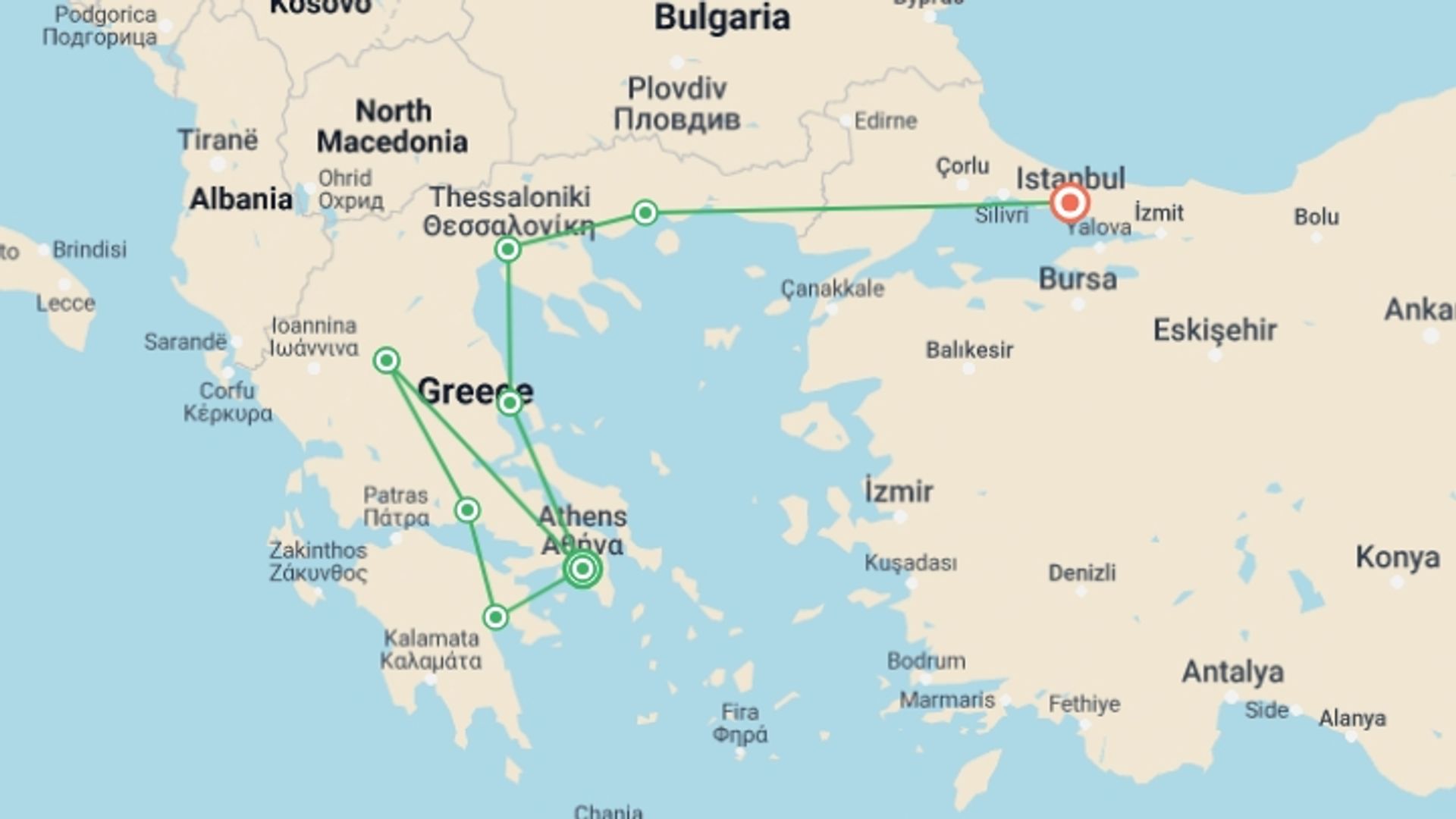 A map showing the tour itinerary for the trip: Classic Mainland Greece:  Athens to Istanbul, starting in Athens, Greece and ending in Istanbul, Turkey going through 6 other destinations.