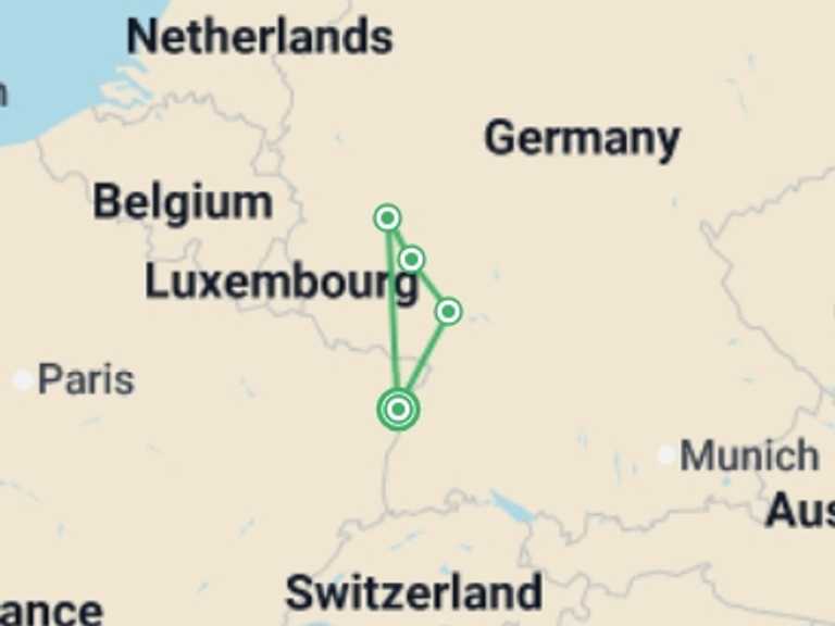 Map of 5-Day Strasbourg Tour with 4 destination visits for the trip: Hiking cruise through the Rhine Valley - History, traditions, and the spirit of the Rhineland (port-to-port cruise)