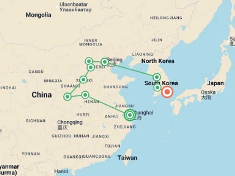 Map of Asia Tour with 10 destination visits for the trip: Wonders of China and Korea Classics