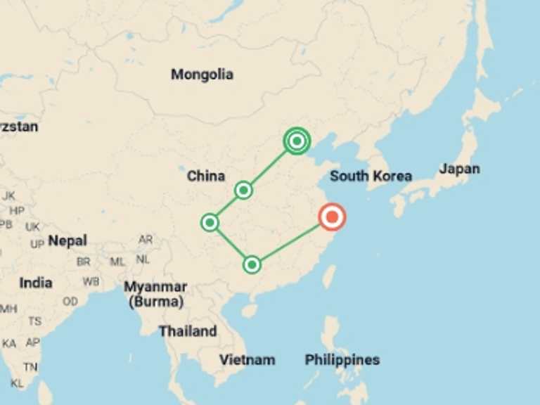 Map of East Asia Tour with 5 destination visits for the trip: China Highlights, Private Tour