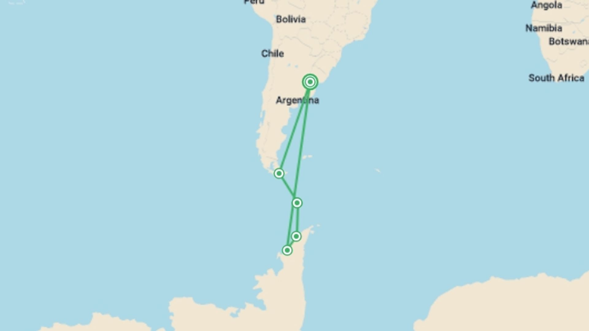 A map showing the tour itinerary for the trip: Antarctica by Helicopter: Crossing the Circle and the Peninsula, starting in Buenos Aires, Argentina and ending in Buenos Aires, Argentina going through 4 other destinations.