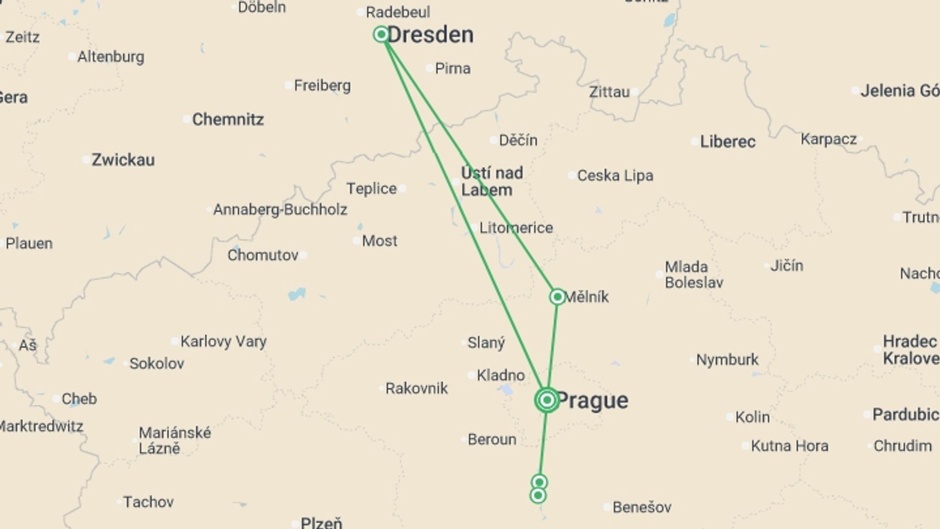 A map showing the tour itinerary for the trip: Prague, Dresden, and the Castles of Bohemia: A Spectacular Cruise on the Elbe and Vltava Rivers, starting in Prague, Czech Republic and ending in Prague, Czech Republic going through 3 other destinations.