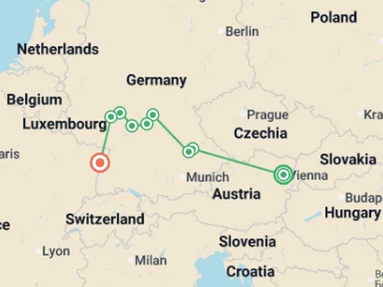 Map of Europe Tour with 9 destination visits for the trip: Along the Danube and the Rhine - Following the Romantic Road (port-to-port cruise)