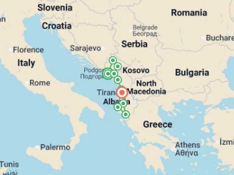 Map itinerary of Europe Tour in July 2026 with 10 destination visits for the trip: Montenegro & Albania Adventure