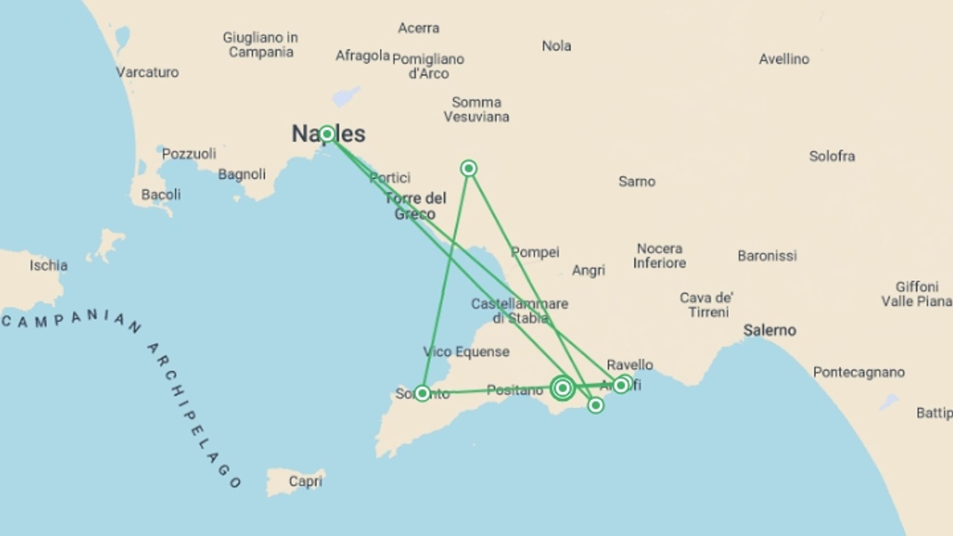 A map showing the tour itinerary for the trip: Walking The Amalfi Coast - Summer Edition, starting in Bomerano, Italy and ending in Bomerano, Italy going through 7 other destinations.
