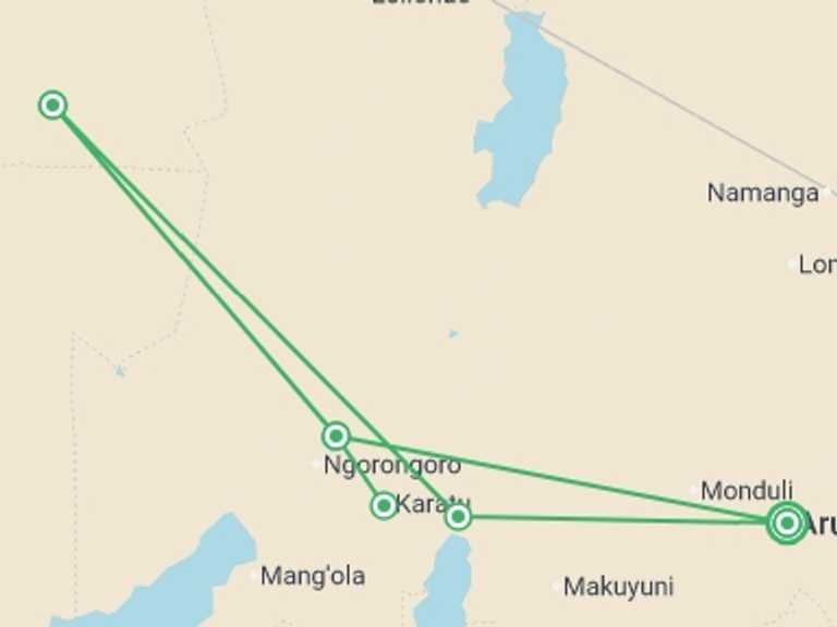 Map itinerary of Africa Tour in August 2026 with 5 destination visits for the trip: Tanzania Family Journey: A Serengeti Safari