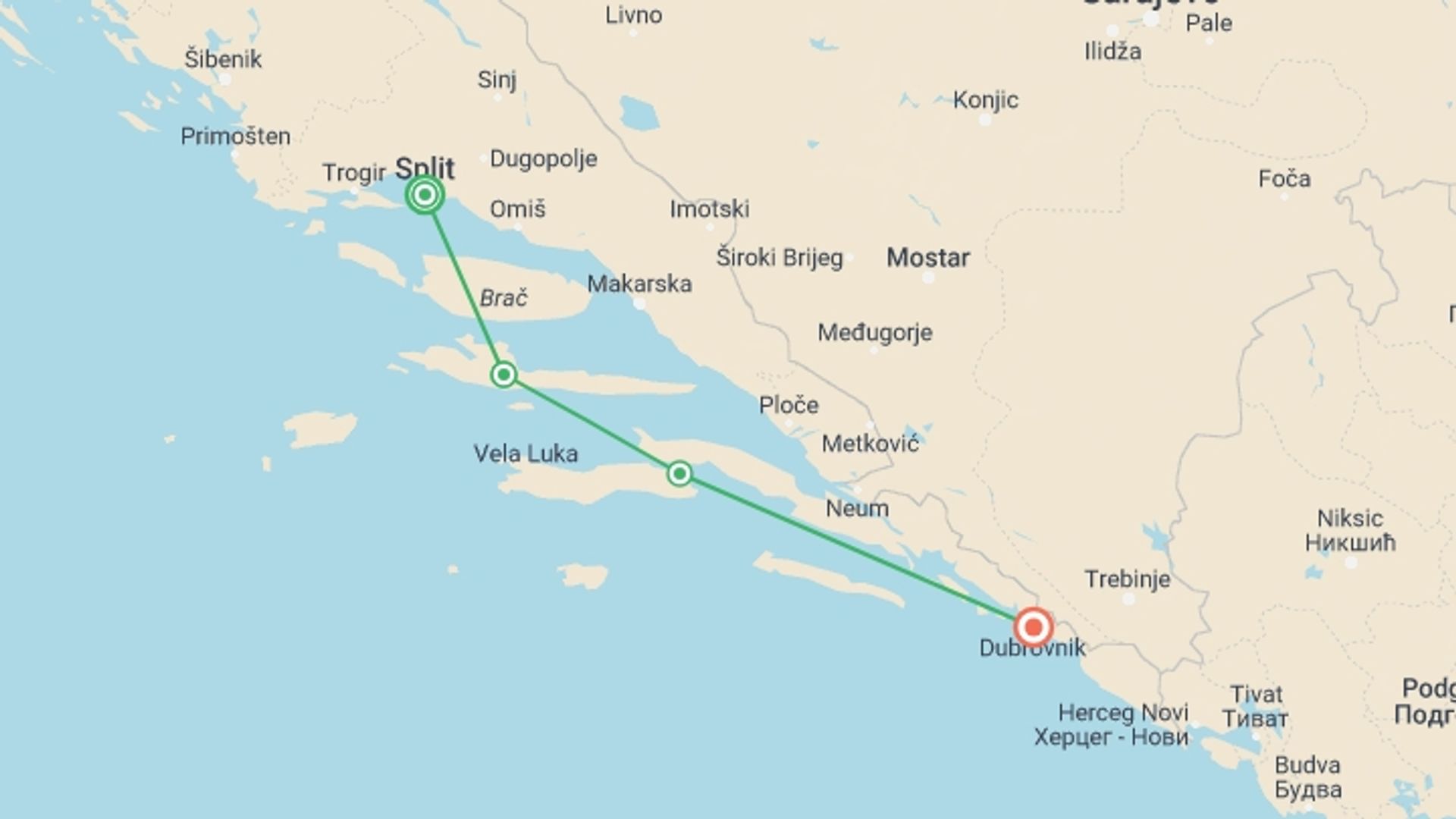 A map showing the tour itinerary for the trip: Croatia Island Hopping Getaway, starting in Split, Croatia and ending in Dubrovnik, Croatia going through 2 other destinations.