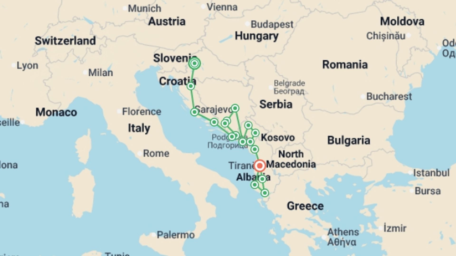 A map showing the tour itinerary for the trip: Classic Balkans:  Croatia to Albania, starting in Zagreb, Croatia and ending in Tirana, Albania going through 15 other destinations.