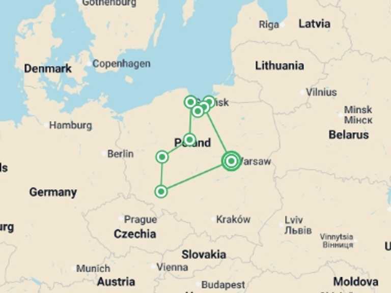Map itinerary of Europe Tour in July 2026 with 3 destination visits for the trip: Northern Poland Tour