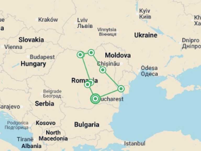 Map of a Cruise Tour with 2 destination visits for the trip: Best of Romania and the Danube Delta