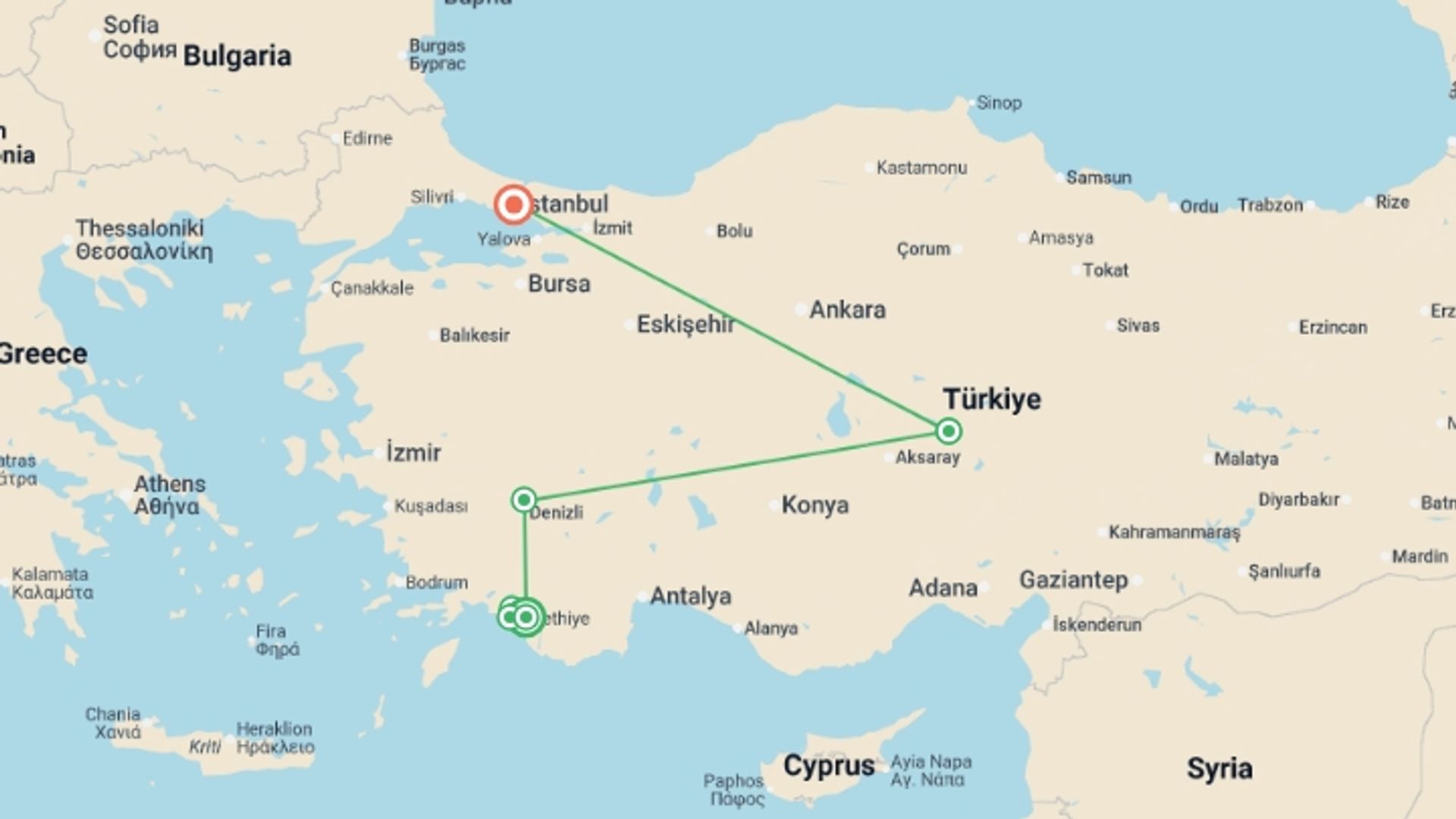 A map showing the tour itinerary for the trip: Fethiye Cruise, Cappadocia & Istanbul - 9 days, starting in Fethiye, Turkey and ending in Istanbul, Turkey going through 4 other destinations.