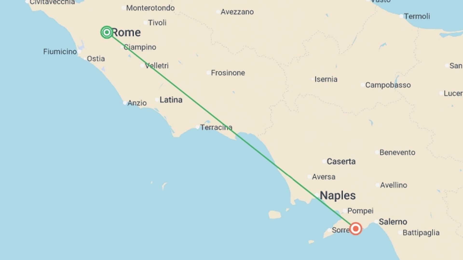 A map showing the tour itinerary for the trip: Rome & the Amalfi Coast , starting in Rome, Italy and ending in Amalfi Coast, Italy going through 1 other destinations.