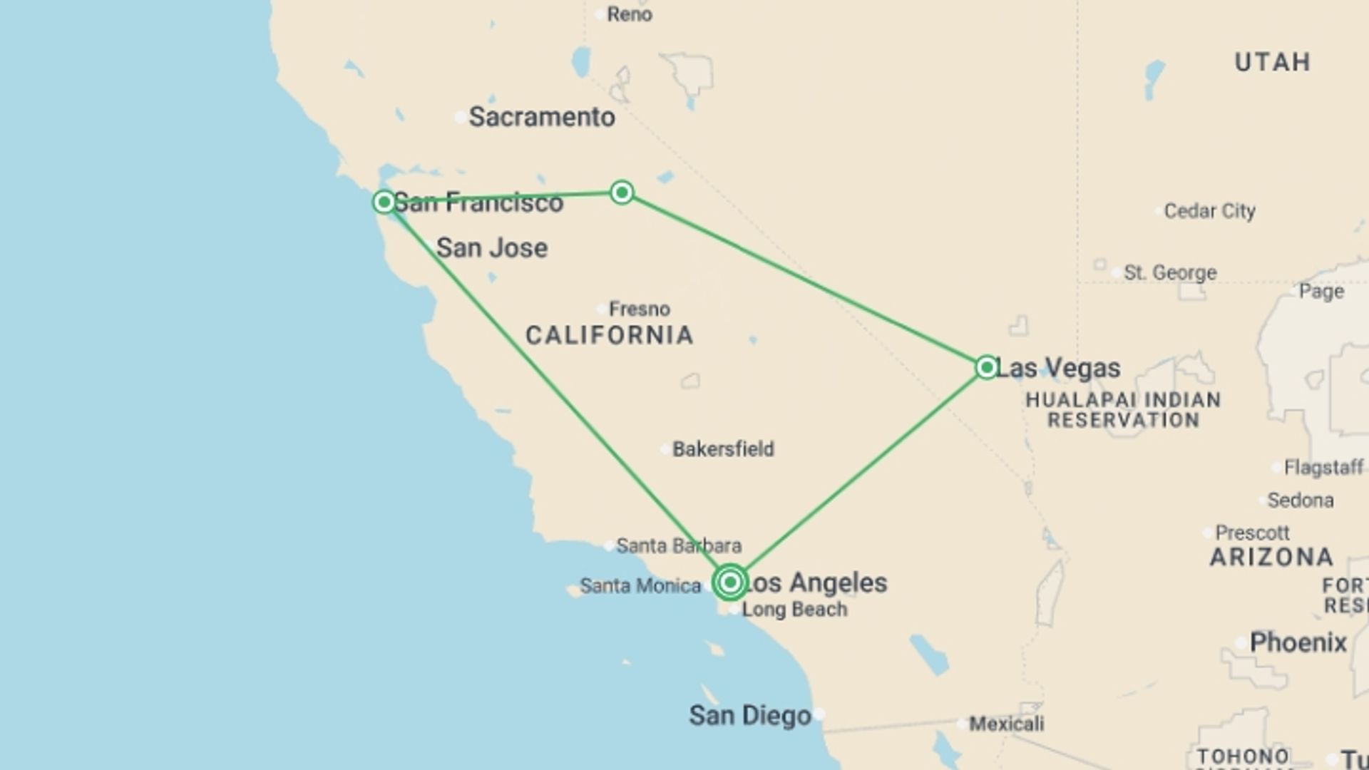 A map showing the tour itinerary for the trip: California Coast & Las Vegas - 5 days, starting in Los Angeles, USA and ending in Los Angeles, USA going through 3 other destinations.