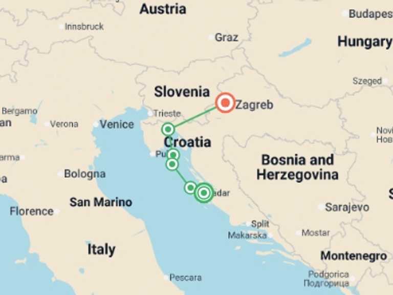 Map of a Wine tasting Tour with 6 destination visits for the trip: Zadar to Opatija Express Premium Plus - 6 days