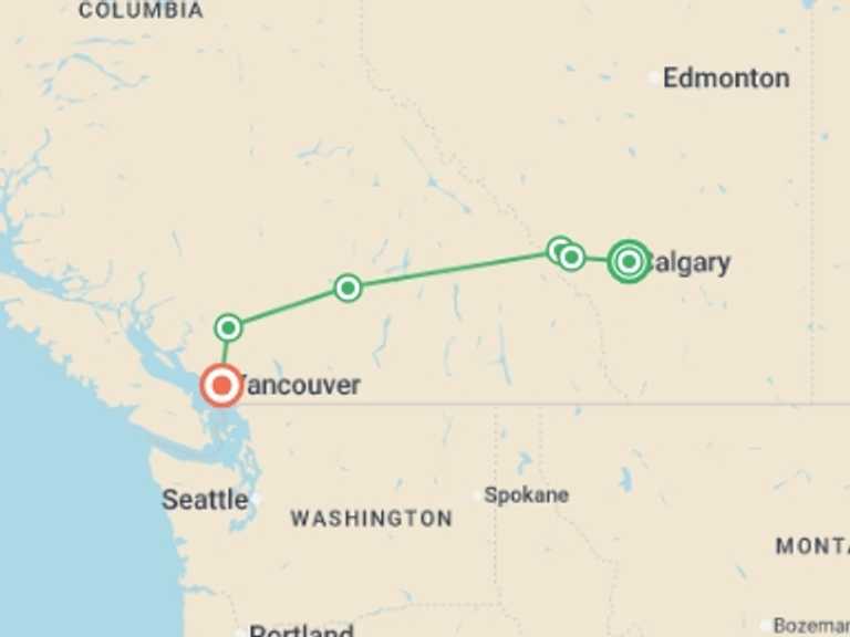 Map itinerary of Canada Tour in Spring with 8 destination visits for the trip: Western Journey