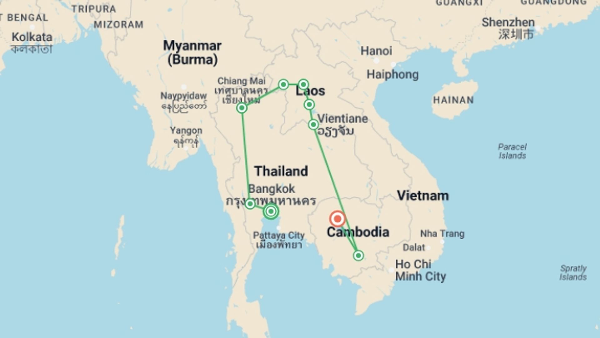 A map showing the tour itinerary for the trip: Thailand, Laos and Cambodia Adventure, starting in Bangkok, Thailand and ending in Siem Reap, Cambodia going through 7 other destinations.