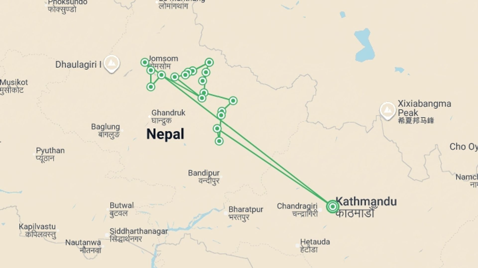 A map showing the tour itinerary for the trip: Annapurna, Nar & Tilicho Lake, starting in Kathmandu, Nepal and ending in Kathmandu, Nepal going through 18 other destinations.