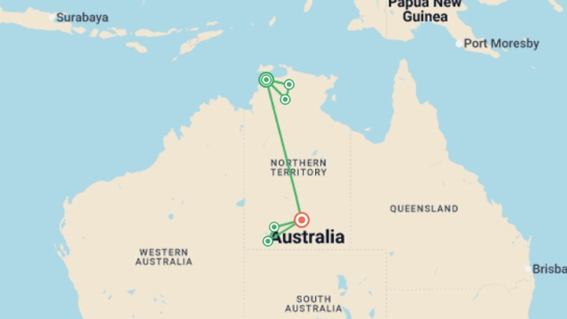 A map showing the tour itinerary for the trip: Northern Territory Dreaming, starting in Darwin, Australia and ending in Alice Springs, Australia going through 6 other destinations.