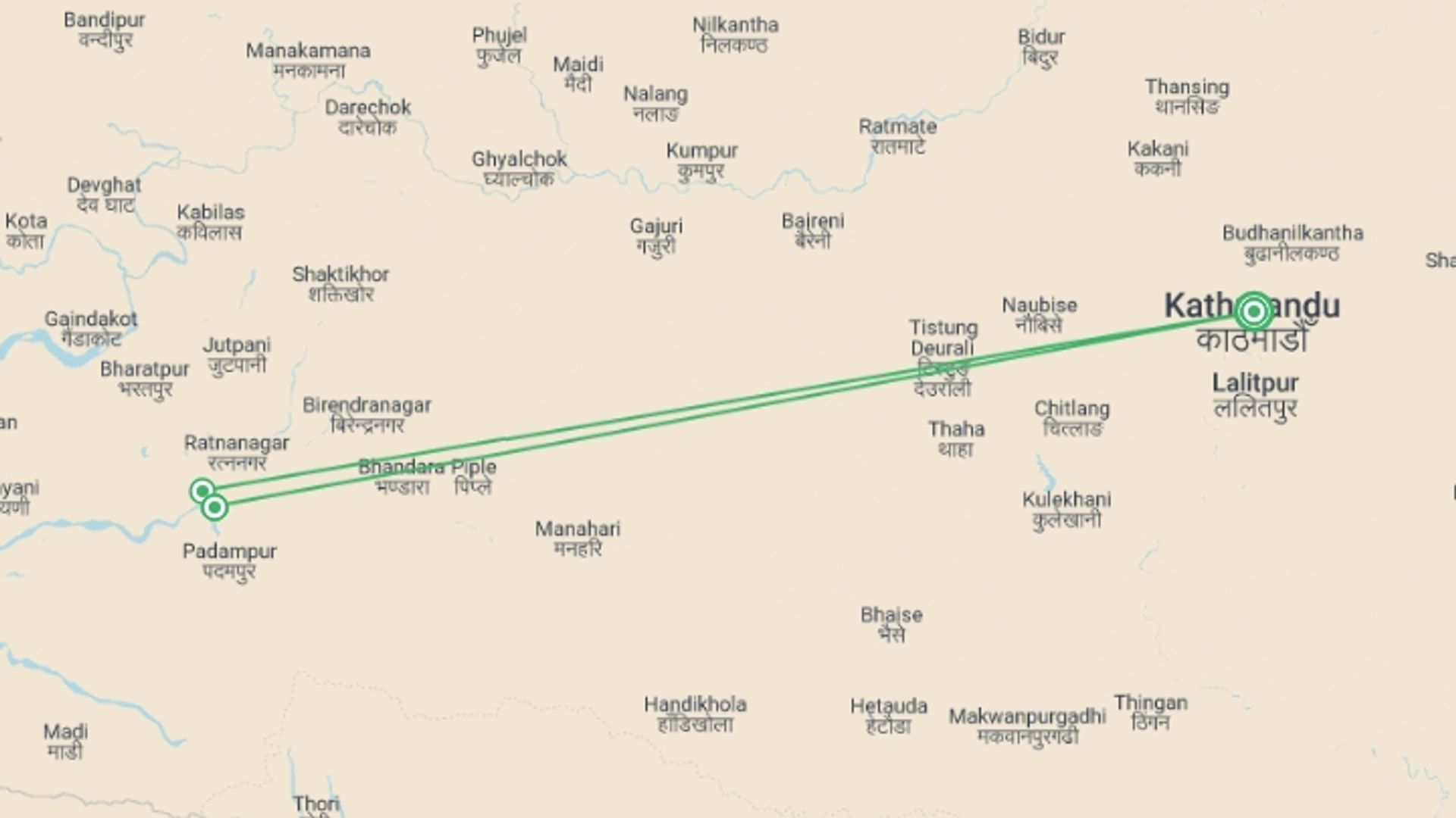 A map showing the tour itinerary for the trip: Nepal Wildlife Safari Group Tour, starting in Kathmandu, Nepal and ending in Kathmandu, Nepal going through 3 other destinations.