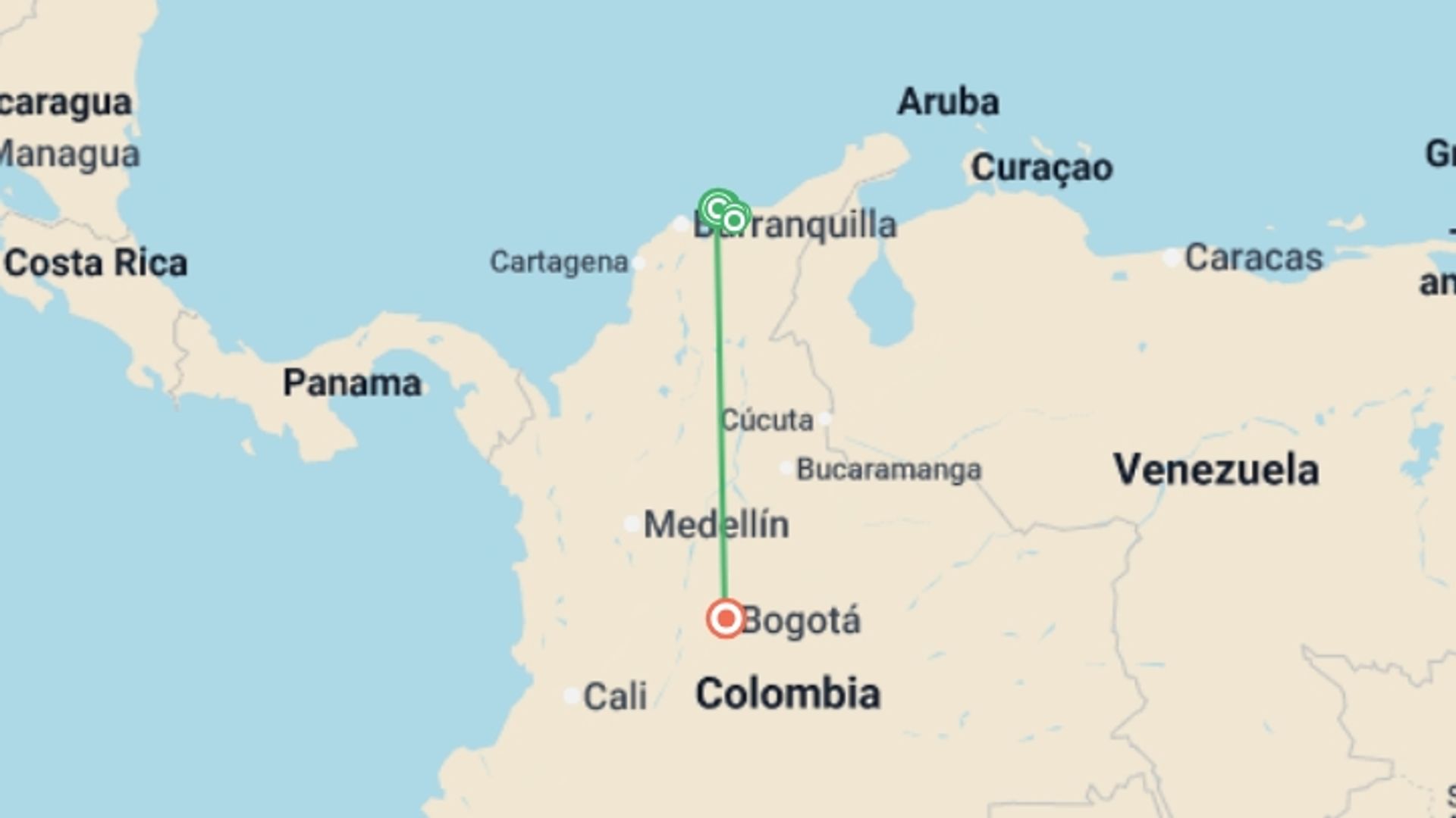 A map showing the tour itinerary for the trip: Lost City of Colombia - 8 days, starting in Santa Marta, Colombia and ending in Bogota, Colombia going through 4 other destinations.