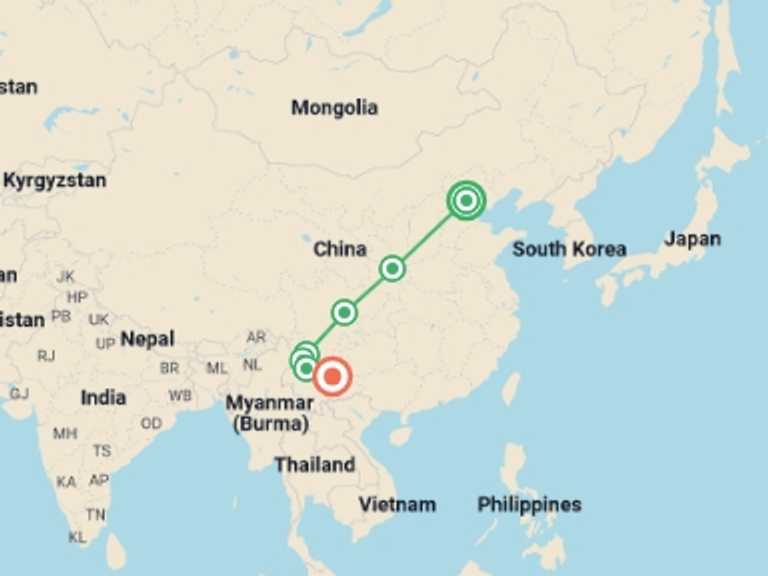 Map itinerary of China Tour in July 2027 with 7 destination visits for the trip: Beijing to Kunming: Undiscovered China