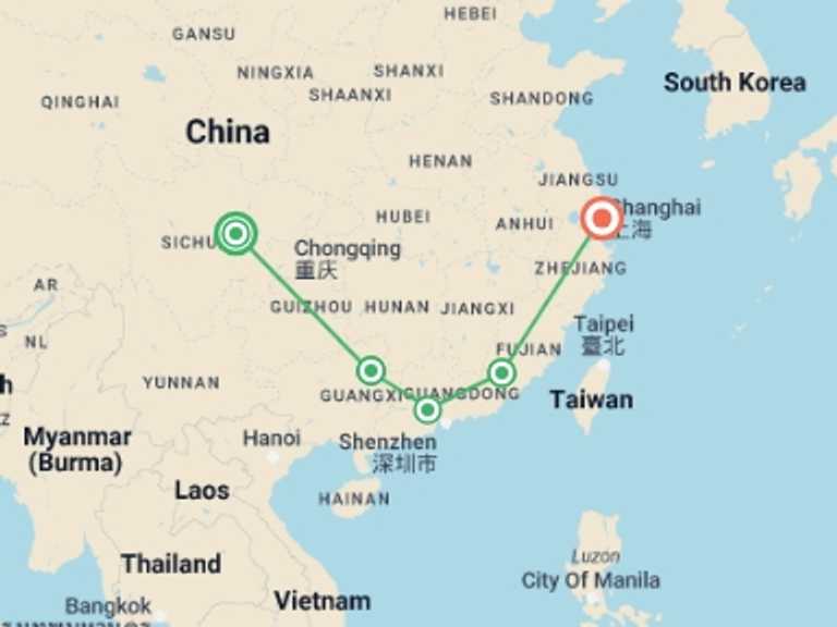 Map of China Tour with 5 destination visits for the trip: China: Bike Rides & Village Walks